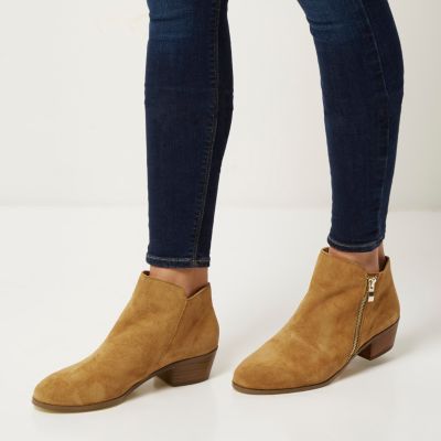 Beige suede zip side ankle boots